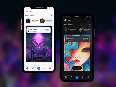 NFTz Marketplace App #2 2d abstract app appdesign black crypto cute dark design figma mobile mobile design new nft ui