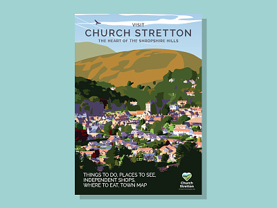 Visit Church Stretton 2018 countryside guide guidebook hills hillside illustration retro tourism town travel village visitor