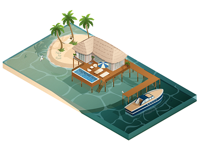 Isometric illustration for travel service bungalow design illustration island isometric ocean sea vector