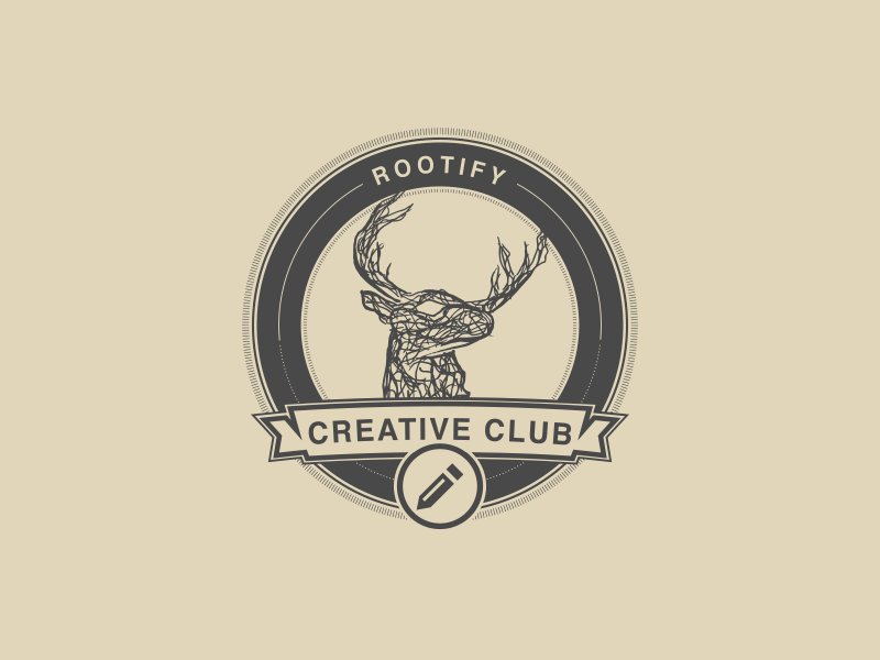 Rootify Creative Club badge branding circle deer design logo ribbon stag