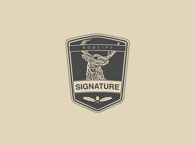 Rootify's signature logo badge branding deer design logo ribbon stag