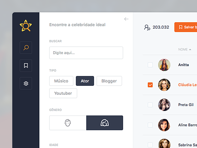 Celebrity search button clean filter form gender icons list select sidebar tag ui ux