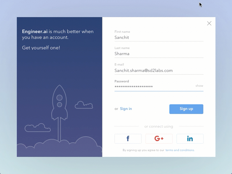 Sign in/ Signup prototype for Engineer.ai animation form login motion principle signin signup sketch social