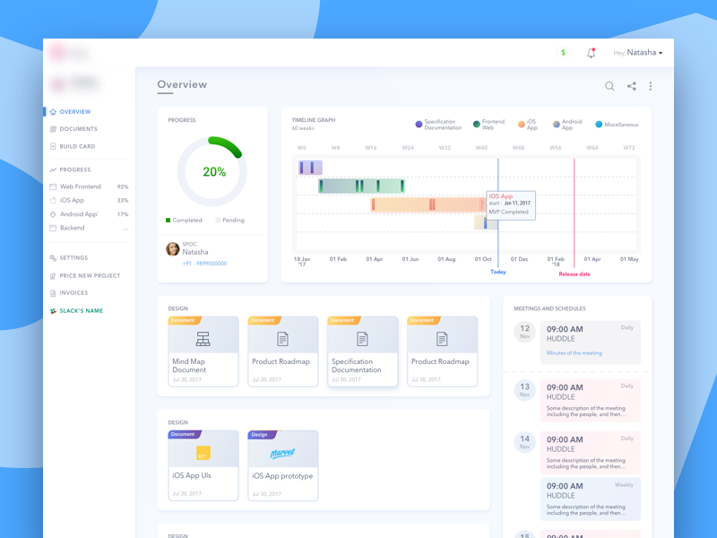 Dashboard to manage the progress of the project price invoice roadmap notification minutes meeting development documents status chart progress dashboard
