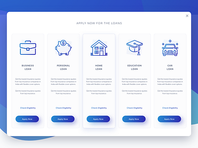 Popup covering 90% of screen-space to show the loan products. apply now business car check education eligibility finance home loan modal personal