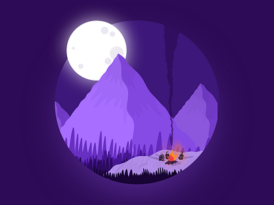 Day03 (part 1) - Bonfire in Mountains with a touch of moonlight bonfire flat gradient graphic illustration moonlight mountain procreate purple smoke