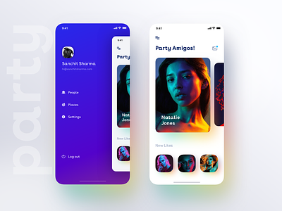 New app drawer Idea with a minimal view of party+dating app