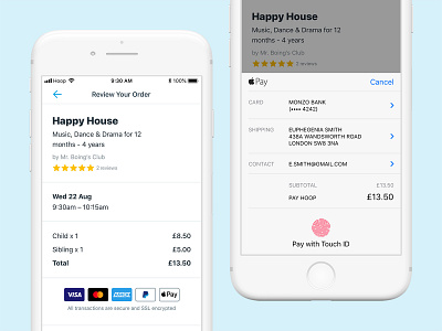 Hoop Activity Booking amex app apple apple pay design form hoop ios kids mastercard order order summary payment paypal pop up summary touch ui ux visa
