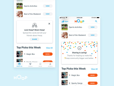 Share Hoop! activity animation app card confetti design flexi form forms hoop icon icons ios kids material material design rainbows share ui ux