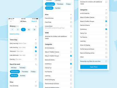 Hoop Filters activity app categories category day design distance filter filtering filters hoop ios kids price product design sort time ui ux