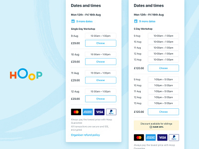 Hoop Workshops 🎨 activity app blue bright button design discount fun hoop instant book kids mobile mobile ui payment refund ui ux web design website design workshop