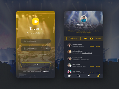 App for Musician - Log in & Profile Page android app band dark design ios music musician orange startup ui
