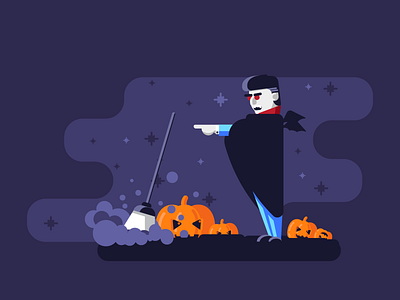 Cleaning With The Count broom cleaning dracula dust fog graphicdesign halloween illustration pumpkins scary