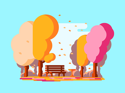 Windy Park 2d autumn bench colorful graphicdesign illustration leaves park simple waterfountain windy