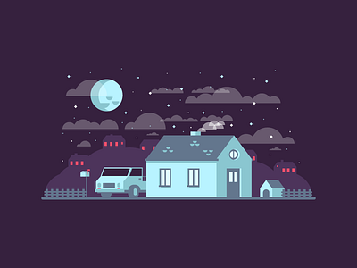 Quiet Night car doghouse flat graphic design hills house illustration moon vista