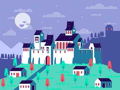 Fort castle fort fun graphic design hill houses illustration moon mountain sky tower trees