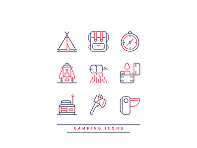 Camping Icons axe backpack camping compass graphic design icon lamp lighter nature pocket knife radio tent