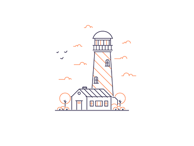 Lighthouse and house birds clouds graphic design house illustration light lighthouse line simple stroke tree windows