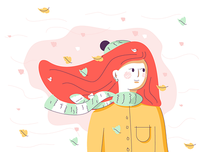 Autumn autumn avatar beanie graphic design illustration leaves line scarf simple windy woman
