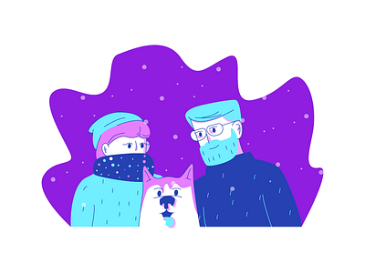 Snow Day beanie beard blue dog happy husky man pink purple snow snowing woman