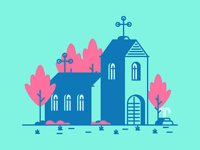 Church architecture church cross fountain graphic design illustration trees