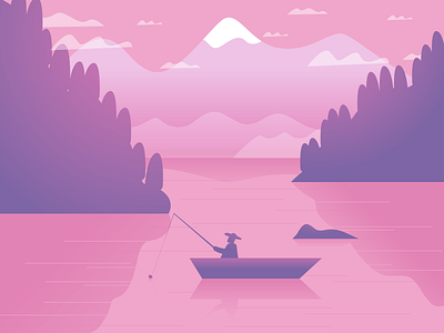 Fishing boat graphic design illustrating illustration lake minimal mountains retro simple trees water