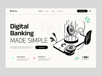 Fintime - digital banking homepage bank business design digitaldesign landing page minimaldesign modern monochrome product design responsive startup trends ui uidesigners uiux user experience design ux uxuidesign webdesign website