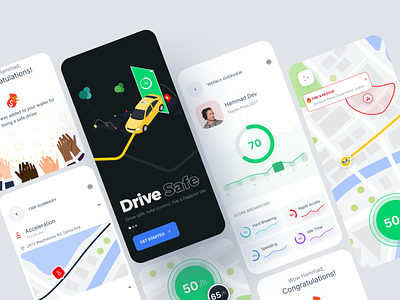 Drive-Safely Mobile App accelerate car dashboard delivery driver fleet management fuel logistic map mobile route saferoad score breakdown speed trip vehicle management wallet weekly overview