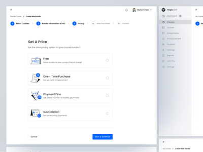 Set A Price - LMS clean ui create a course creation lms admin online teaching app price settings set a price user experience user interface web app web design