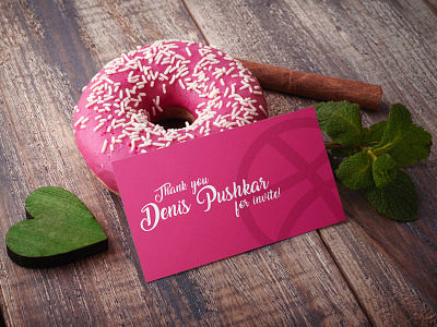 Dribbble Thank You! business card cinnamon donut free heart mint mockup mockups product sweetness thank you wood