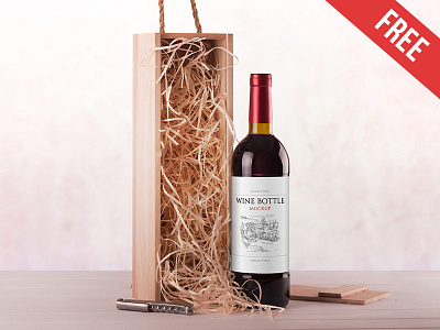 Wine Bottle - Free PSD Mockup alcohol basket bottle box corkscrew free mockup mockups product rope straw wine