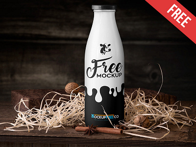 Milk Bottle - Free PSD Mockup bottle box free glass milk mockup mockups nuts product straw wood