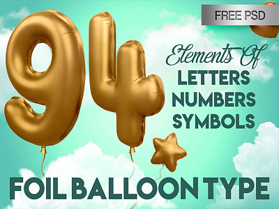 FREE 3D Alphabet Foil Balloon in PSD balloon color elements figure gold letters numbers silver smart object symbols