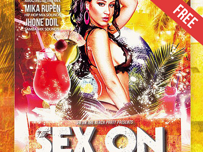 Sex On The Beach – Club and Party Free Flyer PSD Template beach disco ball drink flyer free ice night club palm poster sexy girl ship summer