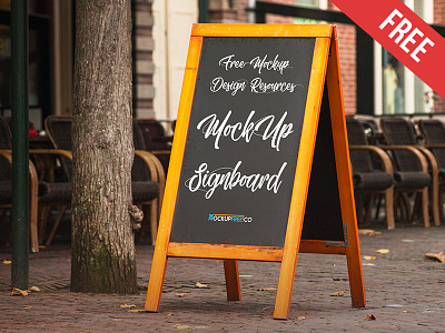 Signboard – Free PSD Mockup ad advertising board cafe city free mockup mockups outdoor product restaurant signboard