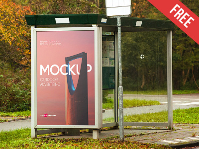Free Outdoor Advertising Mock-up in PSD ad advertisement banner bus bus stop free mockup mockups outdoor product signage street