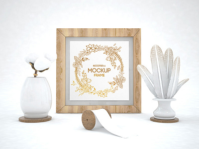 Frame – Free PSD Mockup feather frame free inkwell mockup mockups product ribbon vase white wood