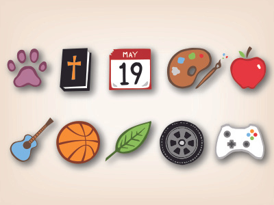 Icons apple basketball bible guitar icon leaf paw wheel