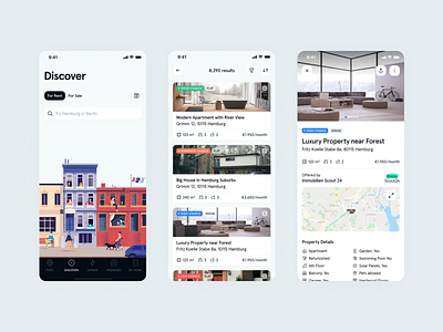 Discover -- Immomio iOS App app bottom bar card house icons illustration interface ios list map mobile property real estate search significa