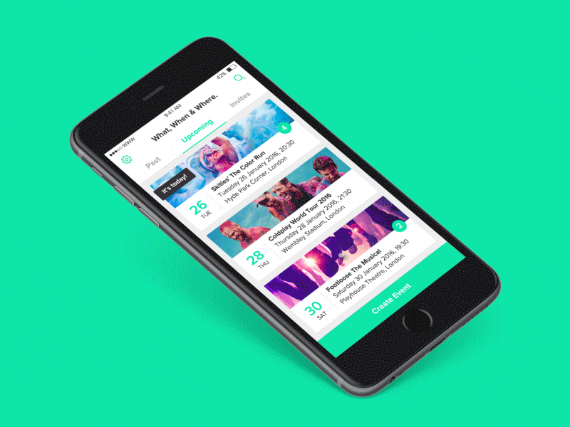 What When & Where app debut events flat get together ui ux