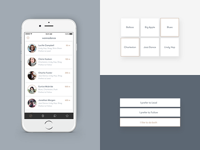 Wannadance UI Elements bottom nav dance elements grey gt walsheim interface list mobile app ui ux