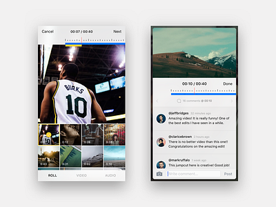 Video Editing Network app comments editing flat interaction interface ios mobile timeline ui ux video