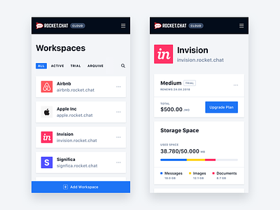 Rocket.Chat Workspaces Mobile analytics brand card interface ios light mobile sf significa