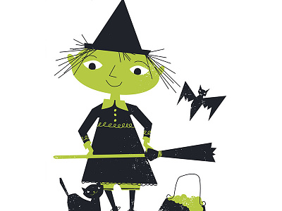 Witch and Familiar bats black cat broom cat cauldron familiar illustration vector witch