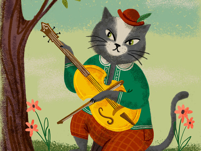 The Cat and the Fiddle cat childrens art childrens book fiddle floral mid century nursery rhymes procreate raster retro