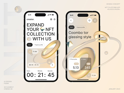 Glass NFT Platform App design concept 3d aer app application connect crypto cryptoart cryptocollection design glass interface mobile nft nftart nftcollection nude ui