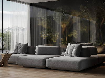 Living room with panoramic windows 3d 3d визуализация design бар гостевая дом квартира понорама понорамные окна танхаус