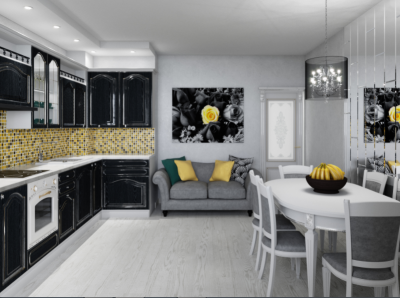 Kitchen in a contrasting combination of colors 3d 3d визуализация design бар белая дом квартира кухня танхаус чорная