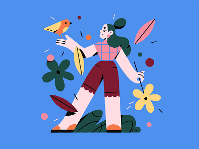 Summertime 🌸 bird blue brush character flat flower girl illustration procreate style summer texture