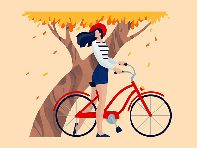 Hello Dribbble autumn bike character flat girl illustration nature procreate tree